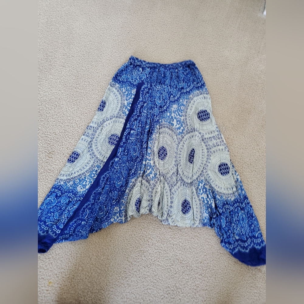 Blue and White Patterned Women's Harem Loose Fit Pants Small